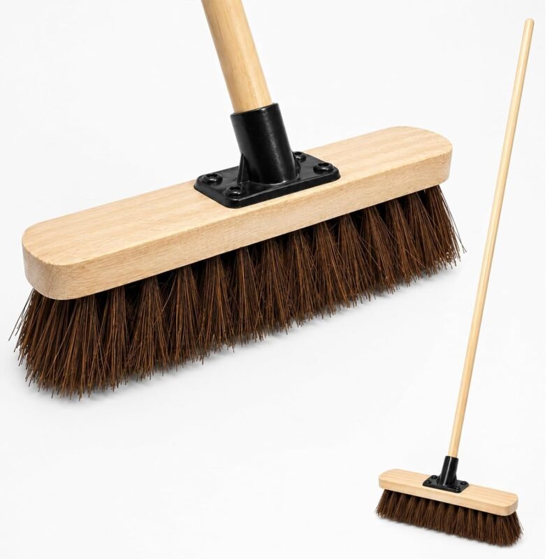 10” Outdoor Garden Broom with Wooden Handle Natural Stiff Bassine Hard Bristle with Durable Support Bracket Yard Brush Heavy Duty Broom Outdoor Cleaning Sweeping (PACK OF 1)