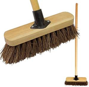 10” Outdoor Yard Broom with Wooden Handle Stiff Bassine Hard Bristles & Durable Support Bracket Heavy Duty Garden Brush Deck Broom & Scrubbing Brush for Driveways Patios and...