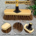 10” Outdoor Yard Broom with Wooden Handle Stiff Bassine Hard Bristles & Durable Support Bracket Heavy Duty Garden Brush Deck Broom & Scrubbing Brush for Driveways Patios and...