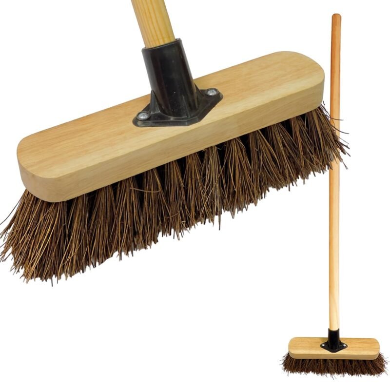 10” Outdoor Yard Broom with Wooden Handle Stiff Bassine Hard Bristles & Durable Support Bracket Heavy Duty Garden Brush Deck Broom & Scrubbing Brush for Driveways Patios and...