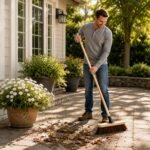 10” Outdoor Yard Broom with Wooden Handle Stiff Bassine Hard Bristles & Durable Support Bracket Heavy Duty Garden Brush Deck Broom & Scrubbing Brush for Driveways Patios and...