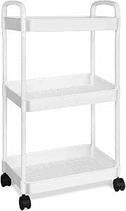 3 Tier Storage Trolley Cart on Wheels, Slim Rolling Utility Cart with Handle, Mobile Storage Shelving Organizer for Kitchen, Bathroom, Laundry Room, Bedroom, Narrow Places,...