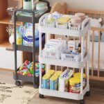 3 Tier Storage Trolley Cart on Wheels, Slim Rolling Utility Cart with Handle, Mobile Storage Shelving Organizer for Kitchen, Bathroom, Laundry Room, Bedroom, Narrow Places,...