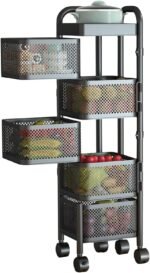 4, 5 Tier Rolling Multi-purpose Metal Rotating Rolling Free Standing Detachable Mesh Potato/Fruits/Vegetable Storage Baskets Shelf Organizer Tidy Kitchen Rack With Wheels (5 Tier)