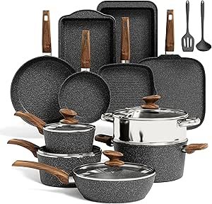 Academy 17pcs Induction Hob Pan Set, Black Granite Cookware Sets
