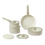 Basics Ceramic Nonstick Pots and Pans Set with Detachable Handle, 11-Piece Stackable Set, All Cooktop Friendly, Includes Saucepan, Frying pan, Linen Gray.
