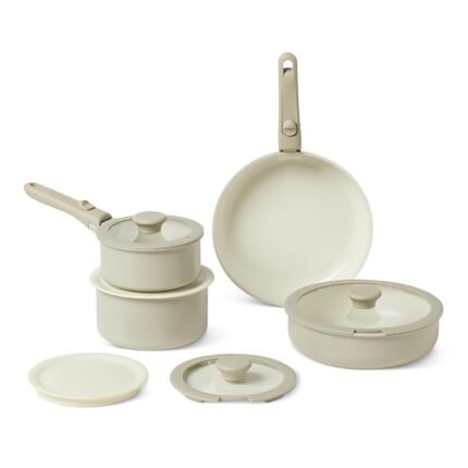 Basics Ceramic Nonstick Pots and Pans Set with Detachable Handle, 11-Piece Stackable Set, All Cooktop Friendly, Includes Saucepan, Frying pan, Linen Gray.