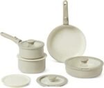 Basics Ceramic Nonstick Pots and Pans Set with Detachable Handle, 11-Piece Stackable Set, All Cooktop Friendly, Includes Saucepan, Frying pan, Linen Gray.