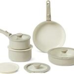 Basics Ceramic Nonstick Pots and Pans Set with Detachable Handle, 11-Piece Stackable Set, All Cooktop Friendly, Includes Saucepan, Frying pan, Linen Gray.