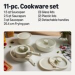 Basics Ceramic Nonstick Pots and Pans Set with Detachable Handle, 11-Piece Stackable Set, All Cooktop Friendly, Includes Saucepan, Frying pan, Linen Gray.