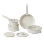 Basics Ceramic Nonstick Pots and Pans Set with Detachable Handle, 11-Piece Stackable Set, All Cooktop Friendly, Includes Saucepan, Frying pan, Linen Gray.