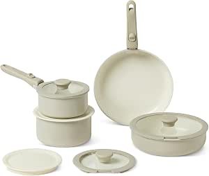 Basics Ceramic Nonstick Pots and Pans Set with Detachable Handle, 11-Piece Stackable Set, All Cooktop Friendly, Includes Saucepan, Frying pan, Linen Gray.
