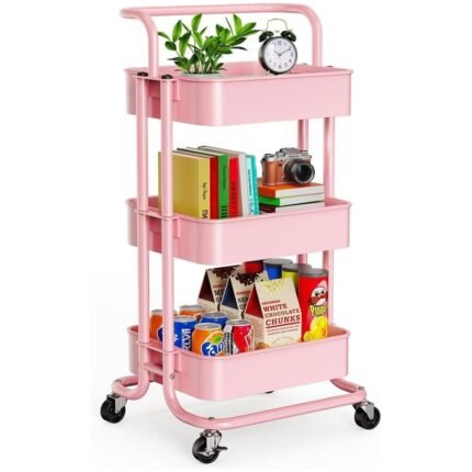 Direct Online Houseware 3-Tier Utility Cart Metal Rolling Trolley with Shelves Organizer 90 x 40 x 35 cm (Pink)