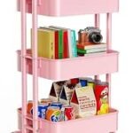 Direct Online Houseware 3-Tier Utility Cart Metal Rolling Trolley with Shelves Organizer 90 x 40 x 35 cm (Pink)