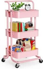 Direct Online Houseware 3-Tier Utility Cart Metal Rolling Trolley with Shelves Organizer 90 x 40 x 35 cm (Pink)