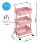 Direct Online Houseware 3-Tier Utility Cart Metal Rolling Trolley with Shelves Organizer 90 x 40 x 35 cm (Pink)