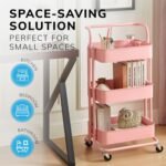 Direct Online Houseware 3-Tier Utility Cart Metal Rolling Trolley with Shelves Organizer 90 x 40 x 35 cm (Pink)