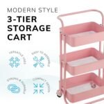 Direct Online Houseware 3-Tier Utility Cart Metal Rolling Trolley with Shelves Organizer 90 x 40 x 35 cm (Pink)