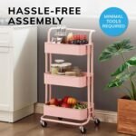 Direct Online Houseware 3-Tier Utility Cart Metal Rolling Trolley with Shelves Organizer 90 x 40 x 35 cm (Pink)
