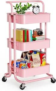 Direct Online Houseware 3-Tier Utility Cart Metal Rolling Trolley with Shelves Organizer 90 x 40 x 35 cm (Pink)