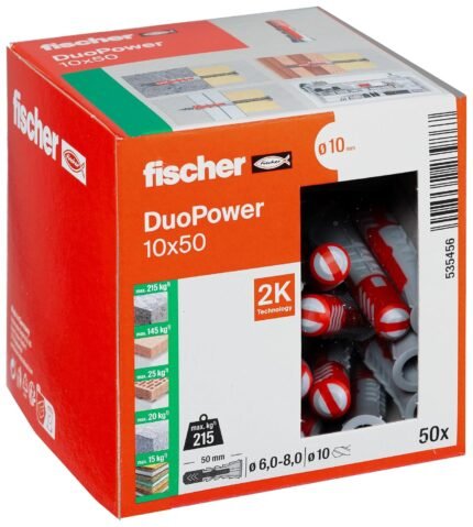 DuoPower 10 X 50, Powerful Universal Plug with Intelligent 2-Component Technology Fastenings in Concrete, Bricks, Gypsum Plasterboard, Chipboard, Etc., 50 Plugs Without...