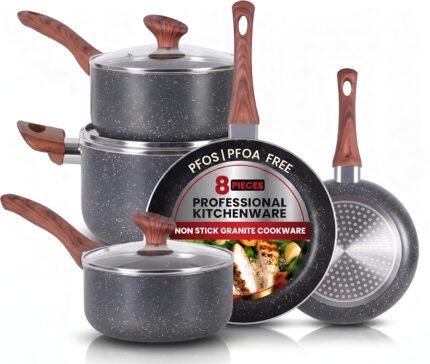 FACTORY Non-Stick Granite Pots and Pans 8 Pieces Set, Cookware Set, Induction Hob, Glass Lids, Wood-Look Handles, Cooking Marble Grey