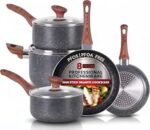 FACTORY Non-Stick Granite Pots and Pans 8 Pieces Set, Cookware Set, Induction Hob, Glass Lids, Wood-Look Handles, Cooking Marble Grey