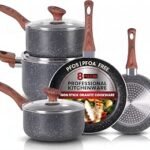 FACTORY Non-Stick Granite Pots and Pans 8 Pieces Set, Cookware Set, Induction Hob, Glass Lids, Wood-Look Handles, Cooking Marble Grey