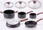 FACTORY Non-Stick Granite Pots and Pans 8 Pieces Set, Cookware Set, Induction Hob, Glass Lids, Wood-Look Handles, Cooking Marble Grey