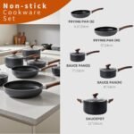 FACTORY Non-Stick Granite Pots and Pans 8 Pieces Set, Cookware Set, Induction Hob, Glass Lids, Wood-Look Handles, Cooking Marble Grey