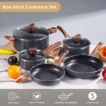FACTORY Non-Stick Granite Pots and Pans 8 Pieces Set, Cookware Set, Induction Hob, Glass Lids, Wood-Look Handles, Cooking Marble Grey