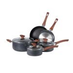FACTORY Non-Stick Granite Pots and Pans 8 Pieces Set, Cookware Set, Induction Hob, Glass Lids, Wood-Look Handles, Cooking Marble Grey