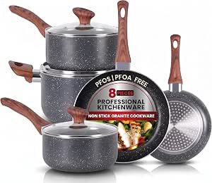 FACTORY Non-Stick Granite Pots and Pans 8 Pieces Set, Cookware Set, Induction Hob, Glass Lids, Wood-Look Handles, Cooking Marble Grey