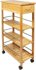 FEFE® 4 Tier Slim Portable Natural Bamboo Space Saver Wood Kitchen Trolley Drawer Organiser Cart Island Storage Basket Utility Organizer Rack, Slimline Bamboo Kitchen Islands...