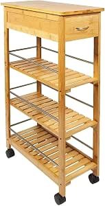 FEFE® 4 Tier Slim Portable Natural Bamboo Space Saver Wood Kitchen Trolley Drawer Organiser Cart Island Storage Basket Utility Organizer Rack, Slimline Bamboo Kitchen Islands...