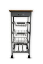 HYGRAD BUILT TO SURVIVE Kitchen Trolley Wooden 3 Tier Rolling Organiser Cart (3 Basket + 1 Wine Rack) Utility Storage Cart with Drawers Wheels for Dining Room (Grey)