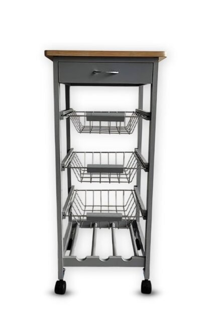 HYGRAD BUILT TO SURVIVE Kitchen Trolley Wooden 3 Tier Rolling Organiser Cart (3 Basket + 1 Wine Rack) Utility Storage Cart with Drawers Wheels for Dining Room (Grey)