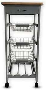 HYGRAD BUILT TO SURVIVE Kitchen Trolley Wooden 3 Tier Rolling Organiser Cart (3 Basket + 1 Wine Rack) Utility Storage Cart with Drawers Wheels for Dining Room (Grey)