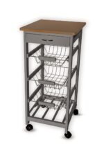HYGRAD BUILT TO SURVIVE Kitchen Trolley Wooden 3 Tier Rolling Organiser Cart (3 Basket + 1 Wine Rack) Utility Storage Cart with Drawers Wheels for Dining Room (Grey)