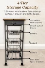 HYGRAD BUILT TO SURVIVE Kitchen Trolley Wooden 3 Tier Rolling Organiser Cart (3 Basket + 1 Wine Rack) Utility Storage Cart with Drawers Wheels for Dining Room (Grey)