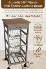HYGRAD BUILT TO SURVIVE Kitchen Trolley Wooden 3 Tier Rolling Organiser Cart (3 Basket + 1 Wine Rack) Utility Storage Cart with Drawers Wheels for Dining Room (Grey)