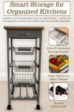 HYGRAD BUILT TO SURVIVE Kitchen Trolley Wooden 3 Tier Rolling Organiser Cart (3 Basket + 1 Wine Rack) Utility Storage Cart with Drawers Wheels for Dining Room (Grey)