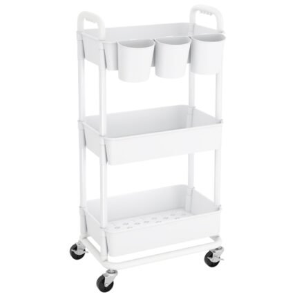JIUYOTREE 3-Tier Plastic Rolling Storage Cart Utility Cart White