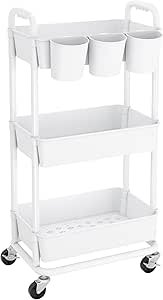JIUYOTREE 3-Tier Plastic Rolling Storage Cart Utility Cart White