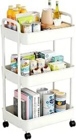 Multibao 3 Tier Storage Trolley Cart on Wheels with Handle Kitchen Bathroom Laundry Narrow Space Rack Space-Saving Mobile Shelving Organizer L35cm x W24cm x H68cm (White)