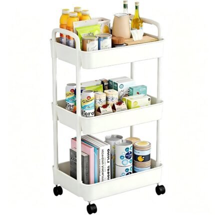 Multibao 3 Tier Storage Trolley Cart on Wheels with Handle Kitchen Bathroom Laundry Narrow Space Rack Space-Saving Mobile Shelving Organizer L35cm x W24cm x H68cm (White)