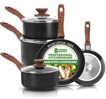 Non-Stick Granite 8 Pcs Cooking Pots and Pans Set Nonstick Cookware Induction Hob pan Set with 20cm, 28cm Frying Pan Set and 20cm,18cm & 16cm Saucepan Set with Lids