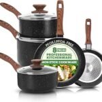 Non-Stick Granite 8 Pcs Cooking Pots and Pans Set Nonstick Cookware Induction Hob pan Set with 20cm, 28cm Frying Pan Set and 20cm,18cm & 16cm Saucepan Set with Lids