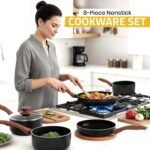 Non-Stick Granite 8 Pcs Cooking Pots and Pans Set Nonstick Cookware Induction Hob pan Set with 20cm, 28cm Frying Pan Set and 20cm,18cm & 16cm Saucepan Set with Lids