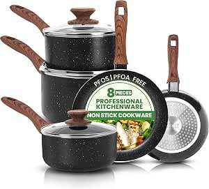 Non-Stick Granite 8 Pcs Cooking Pots and Pans Set Nonstick Cookware Induction Hob pan Set with 20cm, 28cm Frying Pan Set and 20cm,18cm & 16cm Saucepan Set with Lids